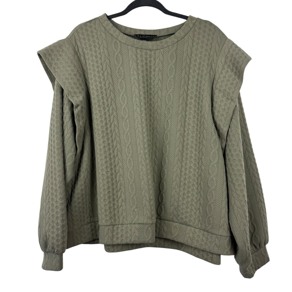 ELOQUII 22/24 Pullover CrewNeck Sweater Folded Shoulder Cable Knit Pattern Green
